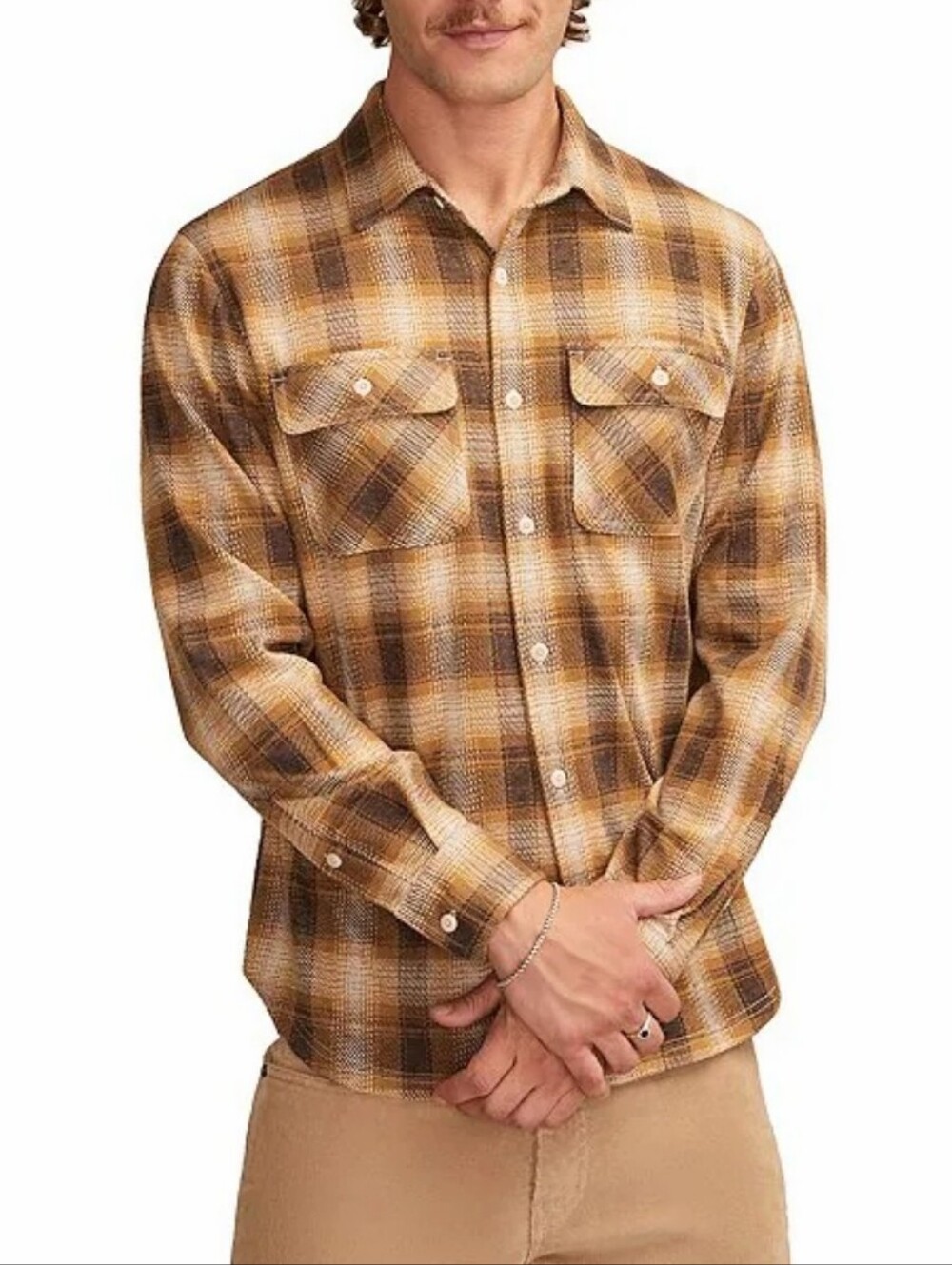 NWT Lucky Brand Men's Brown Plaid Flannel Long-Sleeve Button-Up Shirt, Size S